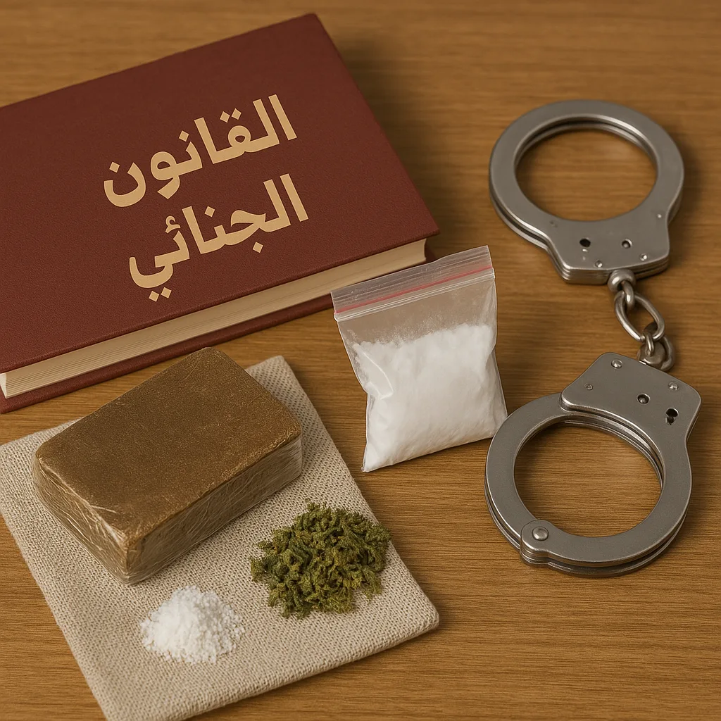 كتاب "القانون الجنائي المغربي" بجانب مواد مخدرة وقيود حديدية فوق طاولة خشبية.